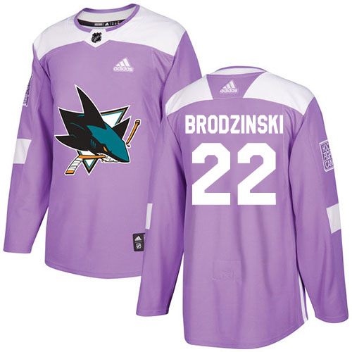 Adidas San Jose Sharks 22 Jonny Brodzinski Purple Authentic Fights Cancer Stitched Youth NHL Jersey